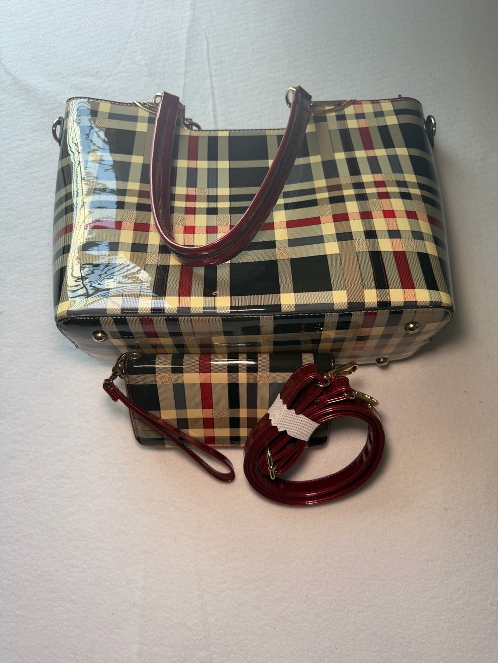 Red Trim Plaid Tote Handbag - Women Bags